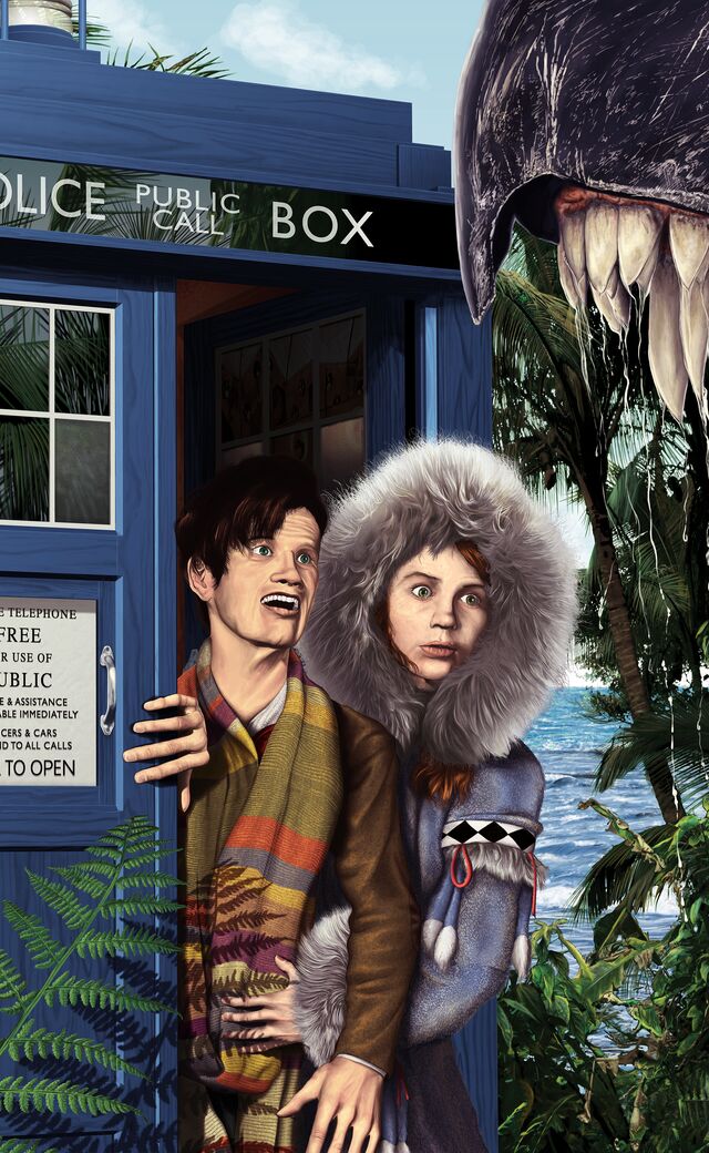Digital painting of the 11th Doctor and Amy Pond exiting the TARDIS right into the jaws of a giant T-Rex-like creature