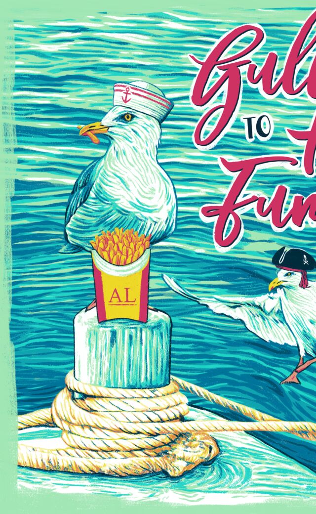 Stylized illustration of two seagulls fighting over french fries; one is a sailor and the other a pirate