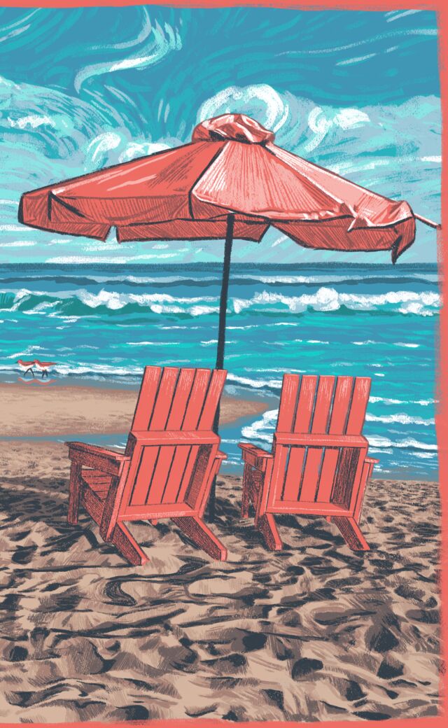 Illustration beach chairs and umbrella on a tranquil beach