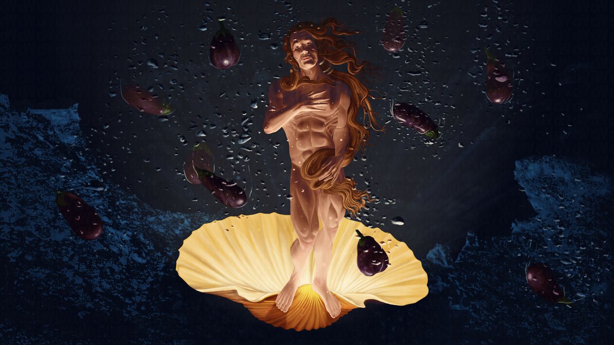 Digital painting of a male version of the Birth of Venus underwater with eggplants falling all around him