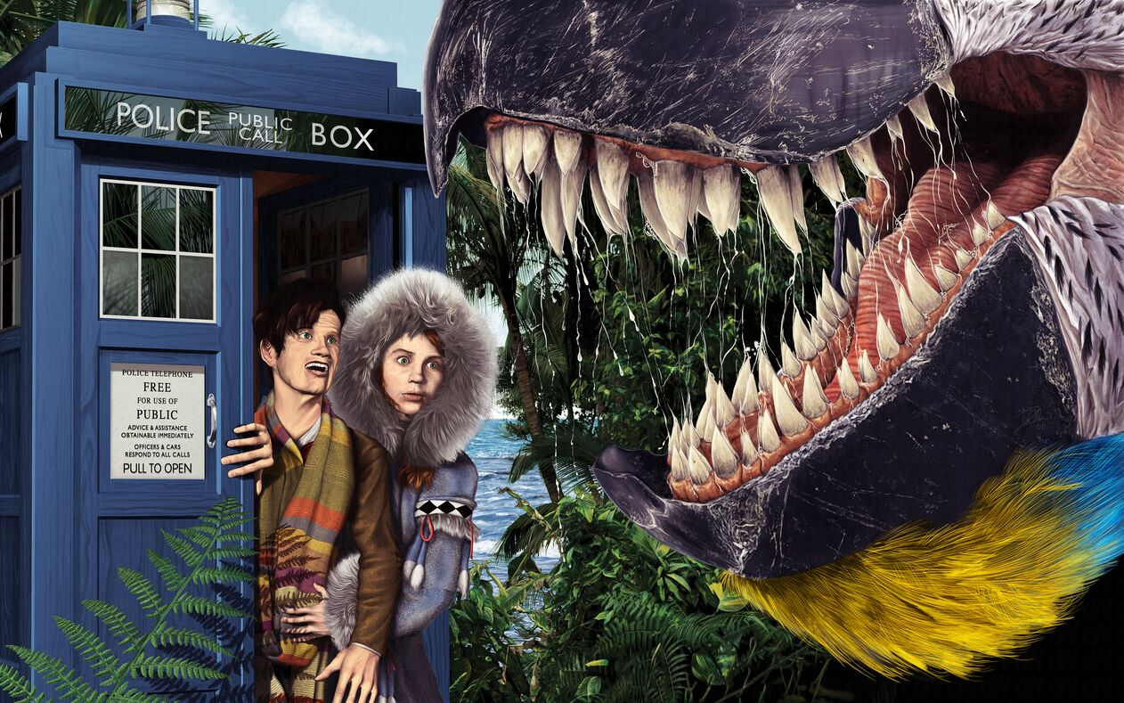 Digital painting of the 11th Doctor and Amy Pond exiting the TARDIS right into the jaws of a giant T-Rex-like creature