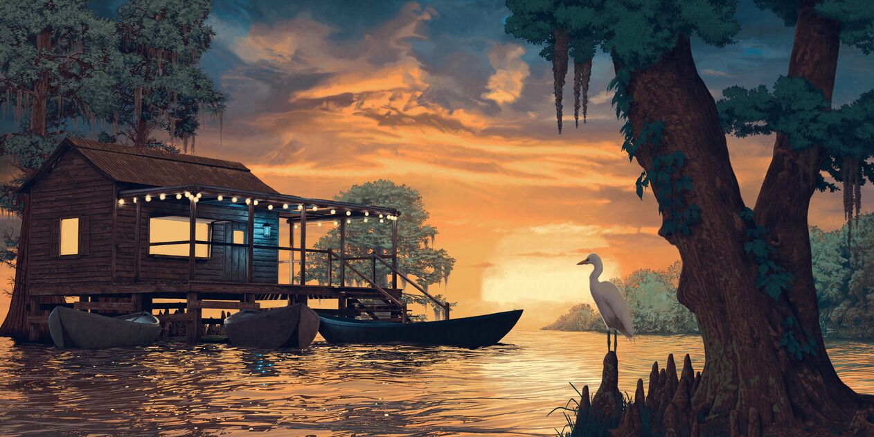 A view of a sunset on a Louisiana bayou; an egret is perching on a cypress knee next to a cypress tree looking toward a well-maintained fishing shack that has three pirogues docked at it; a bug zapper is visible hanging by the front door on a porch that is lit by lights strung around the tops of the wooden pillars holding it up