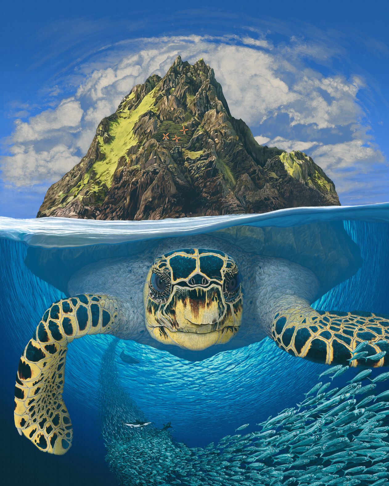 A view of a gigantic turtle with a rocky island on its shell swimming through the ocean; an extremely long school of sardines as far as the eye can see is swimming straight toward the camera; a small settlement can be seen on the island with windmills and terraced farming