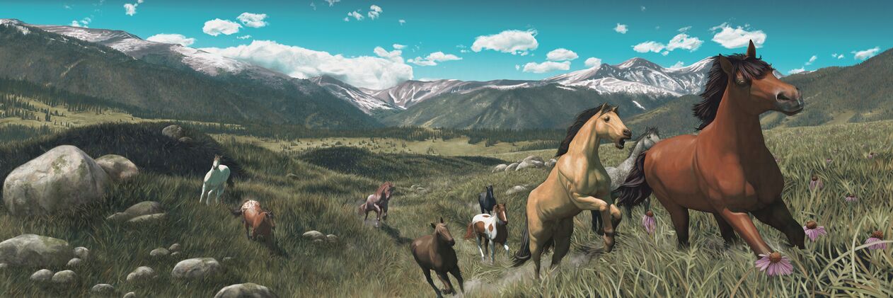 Digital painting of a group of horses galloping through the American prairie