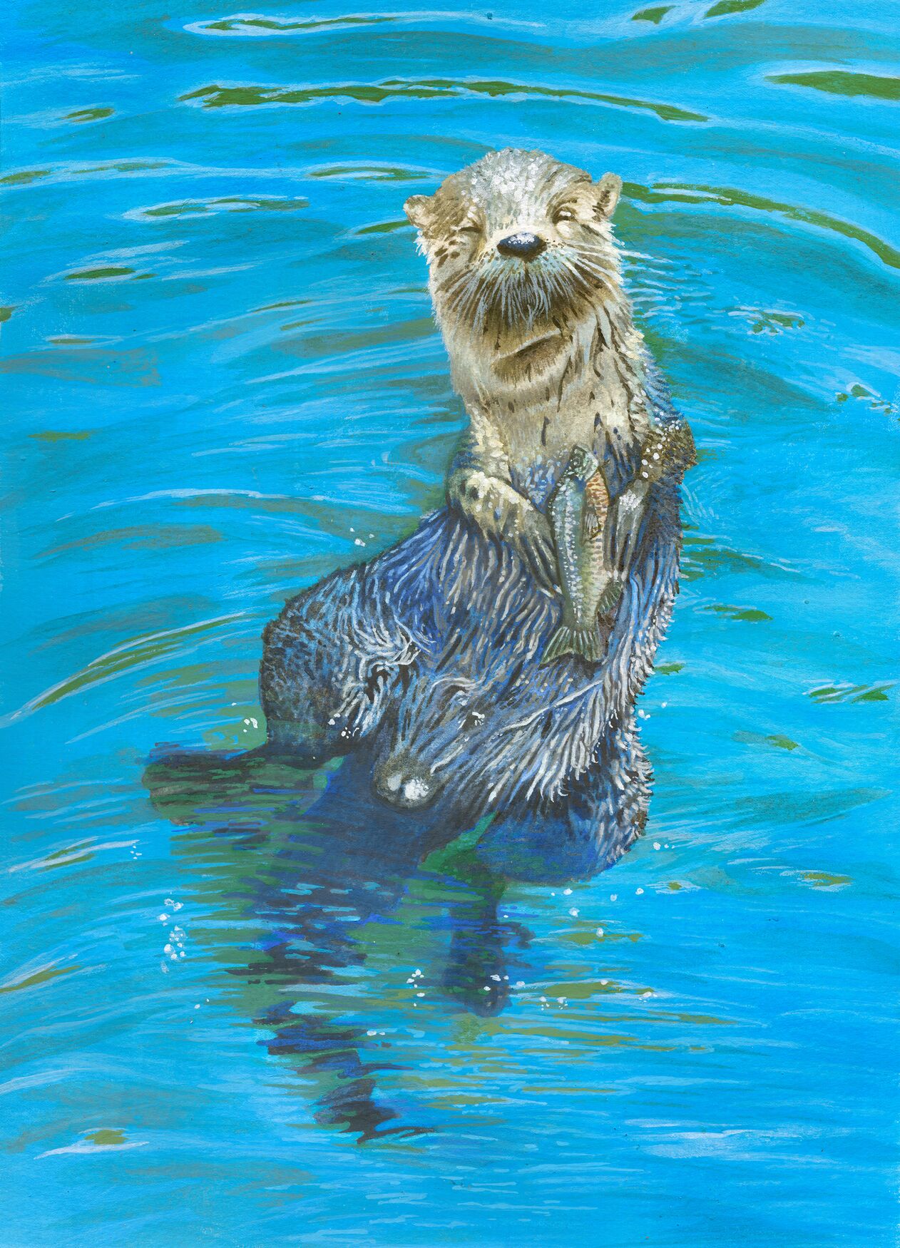 Casein painting of a river otter floating in water