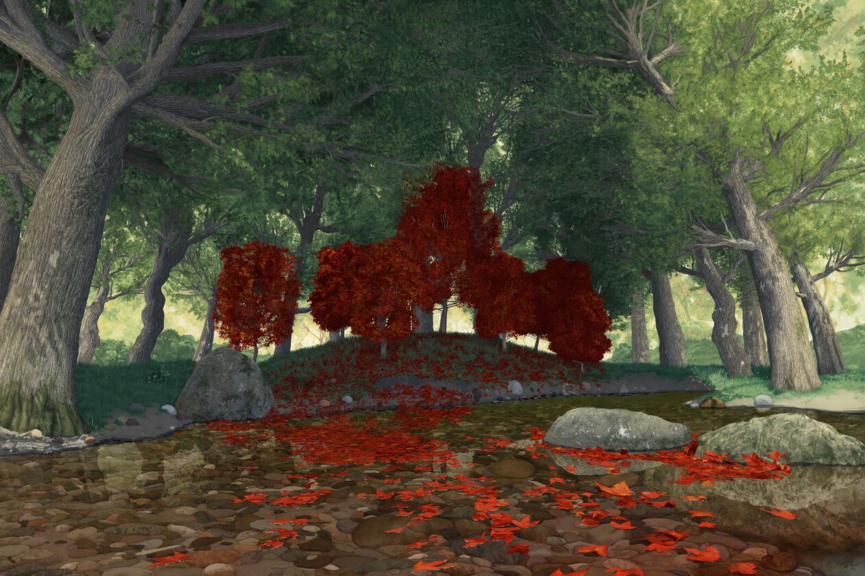 Digital painting of a grouping of maple trees surrounded by oaks; maple leaves are falling from the trees into the water in the foreground