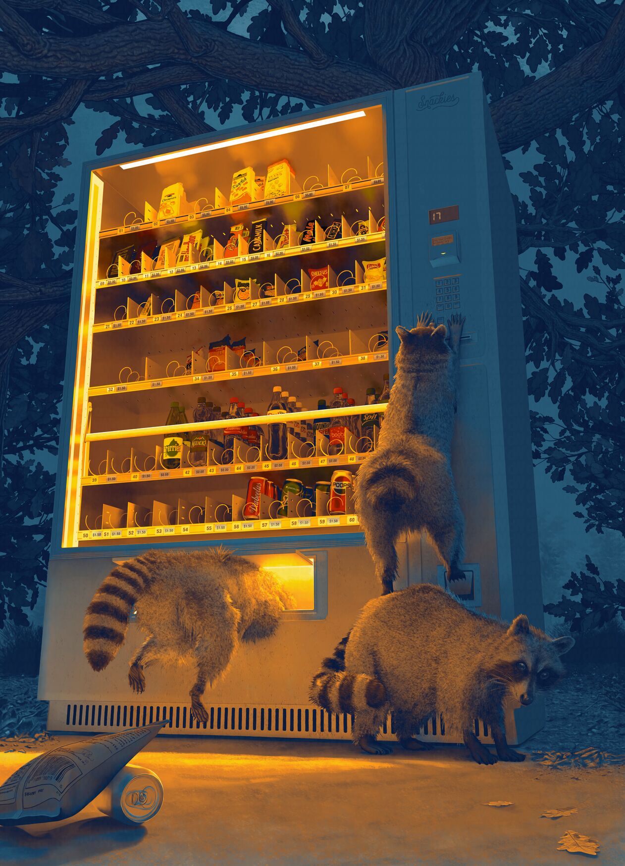 Digital painting of three raccoons raiding a vending machine
