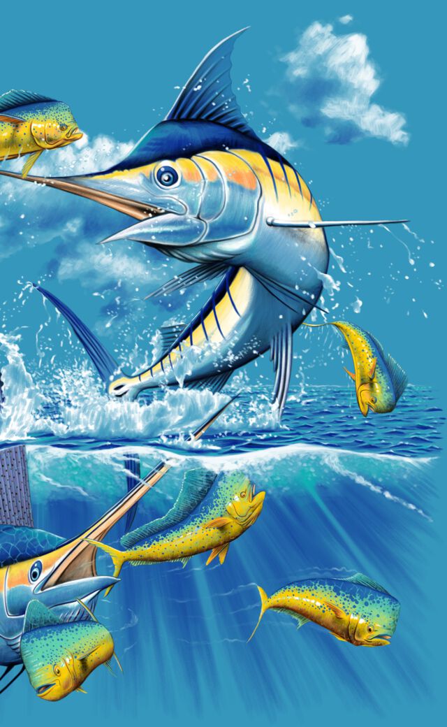 Illustration of a swordfish, marlin, and mahi-mahi