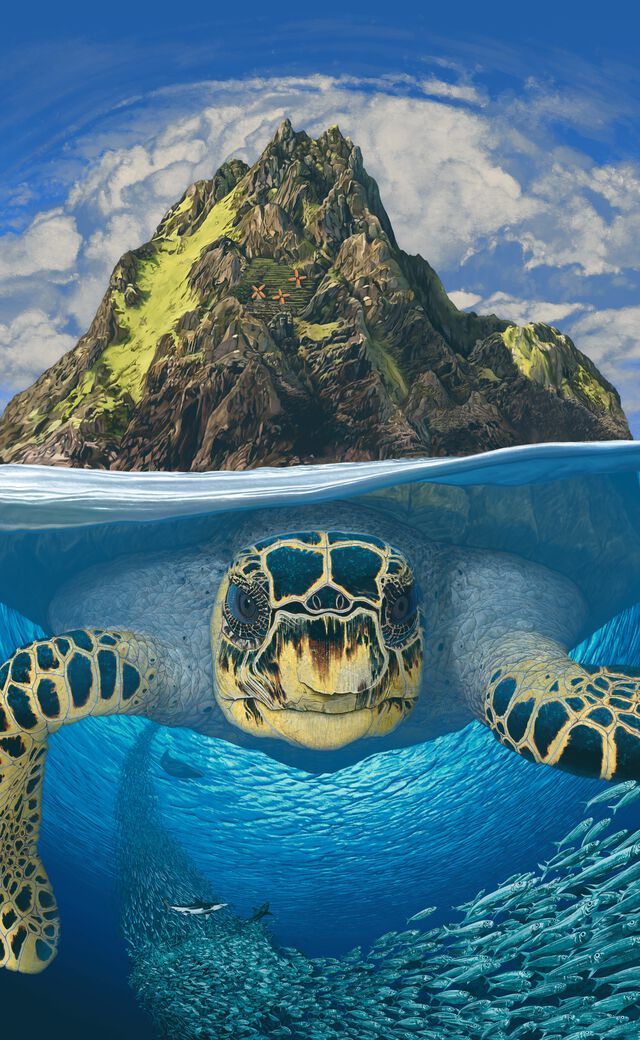 A view of a gigantic turtle with a rocky island on its shell swimming through the ocean; an extremely long school of sardines as far as the eye can see is swimming straight toward the camera