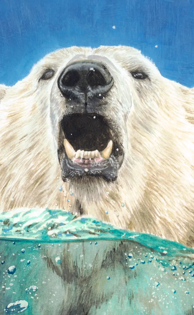 Casein painting of a polar bear sticking its head out of the water
