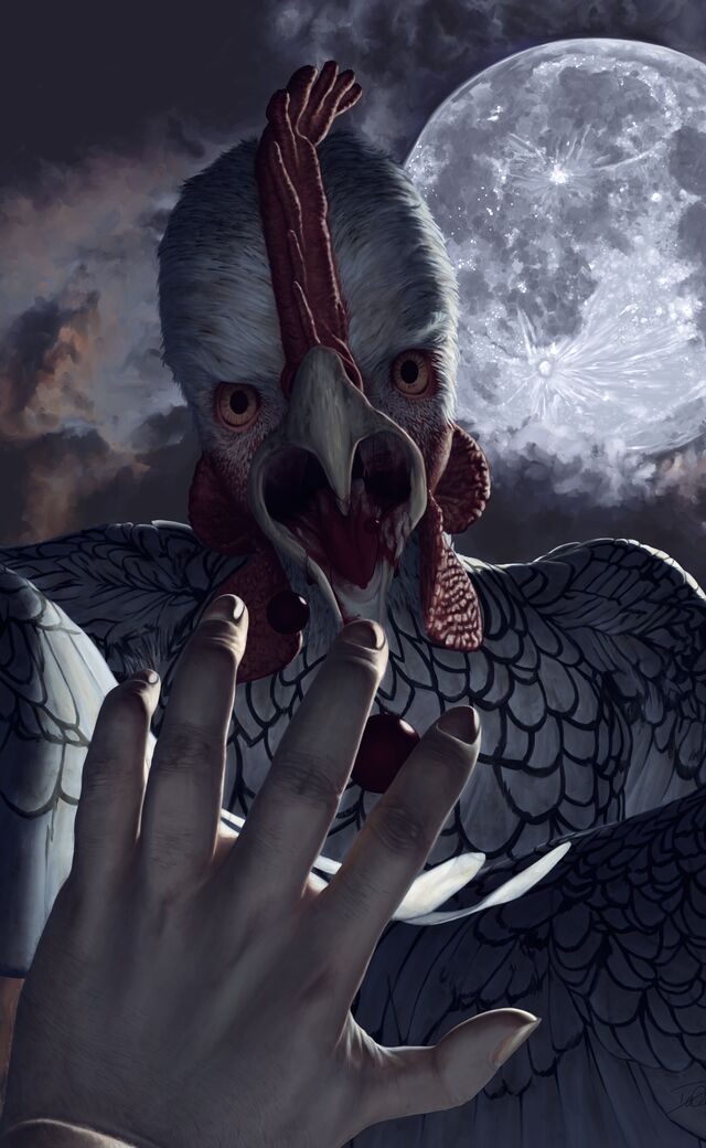 Digital painting of a werechicken about to eat its victim, the victim's hand outstretched in the extreme foreground